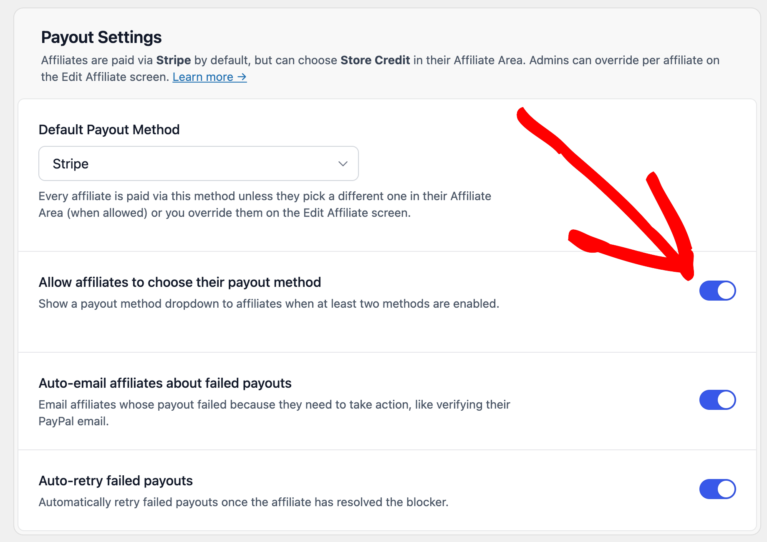 Allow affiliates to choose their payout method