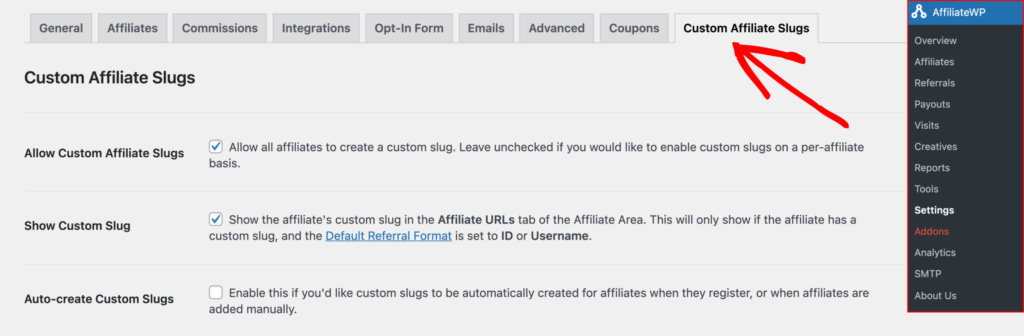 Custom Affiliate Slugs settings