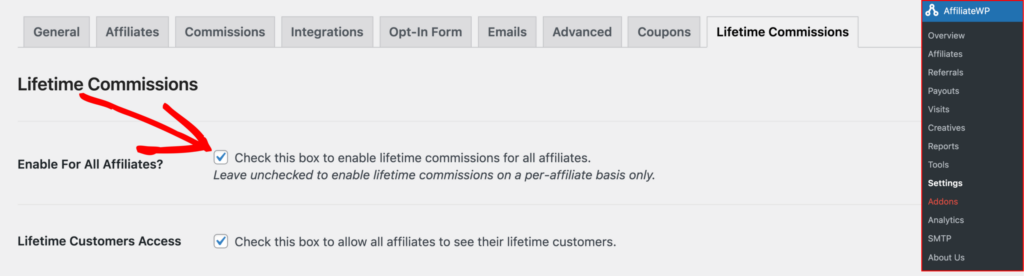 Enable Lifetime Commissions for all affiliate