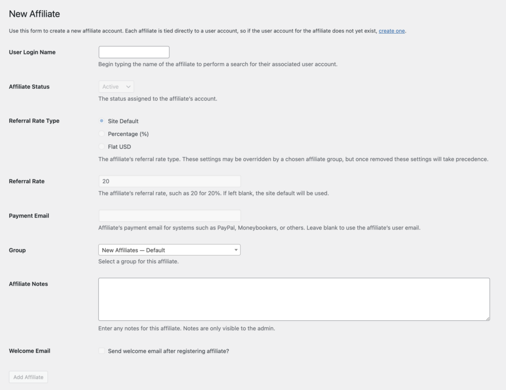 AffiliateWP's New Affiliate admin page