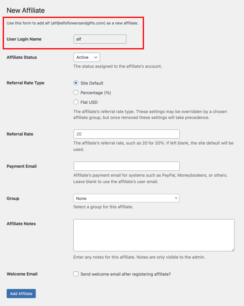 The New Affiliate admin page in AffiliateWP, showing the User Login Name pre-filled