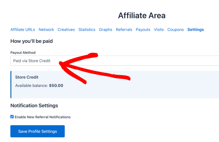 payout method affiliate area