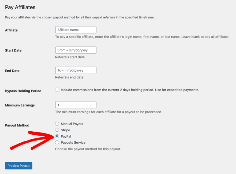 PayPal Payouts pay affiliates filter to preview
