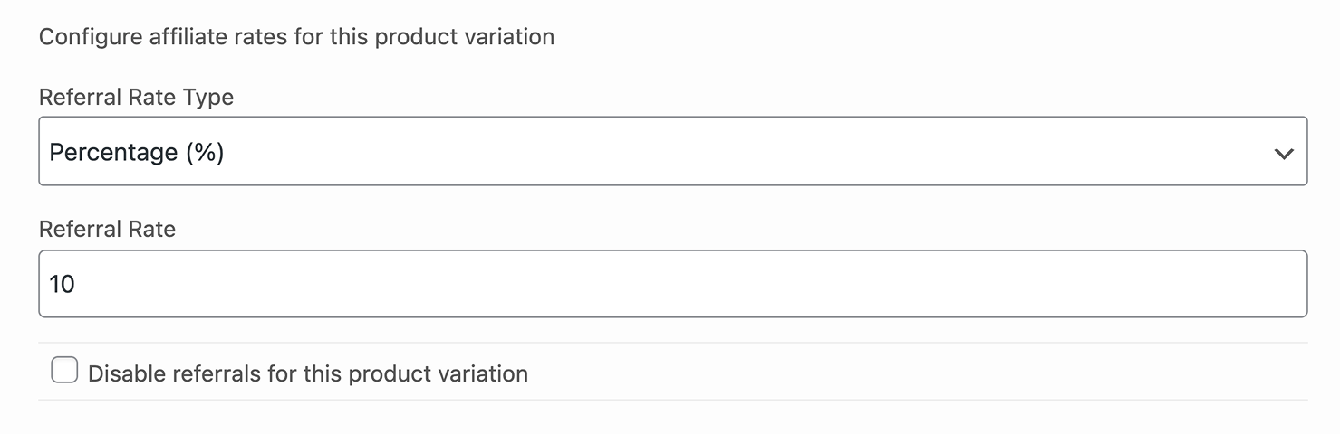 woocommerce product settings showing variation referral rate settings