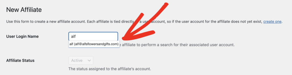 Entering a User Login Name on AffiliateWP's New Affiliate admin page