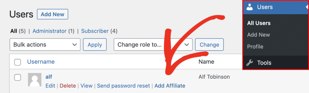 The Users page in WordPress, showing the Add Affiliate action link option