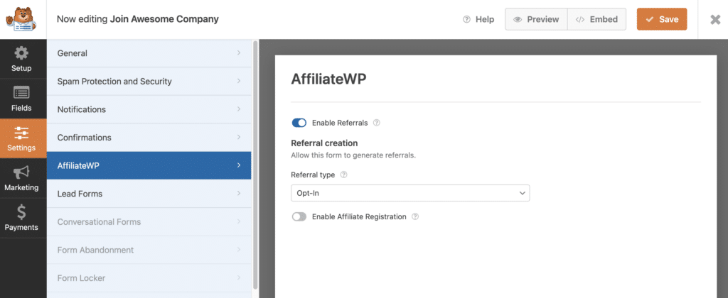 Enable referrals on WPforms