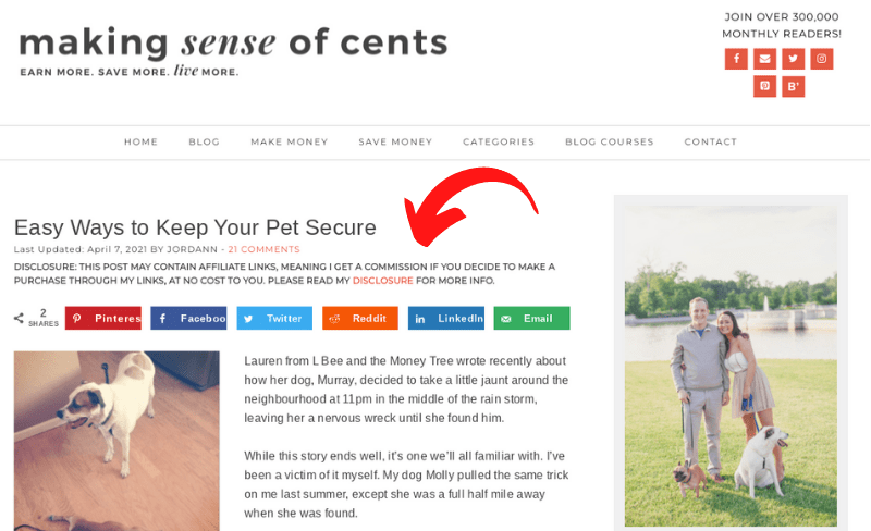 Affiliate disclosure example: Making Sense of Cents