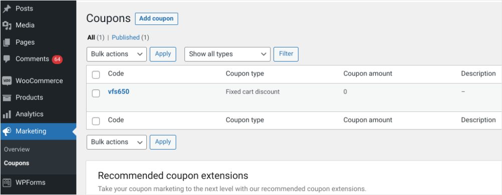 Create coupons in WordPress