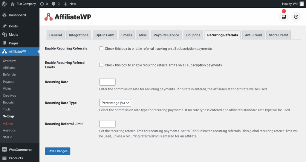 Recurring referrals settings