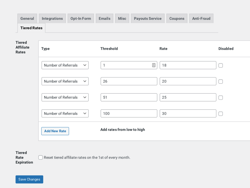 Tiered affiliate commission rates