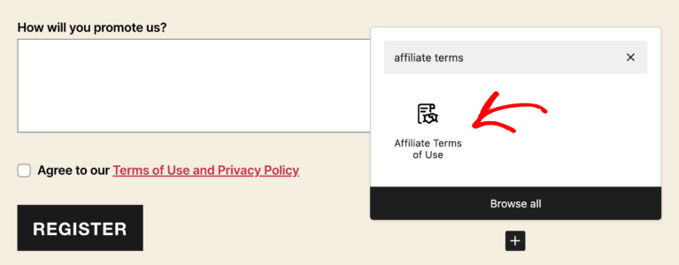 Adding the Affiliate Terms of Use block