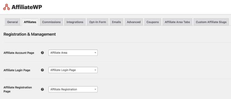 Change your affiliate area page from AffiliateWP affiliates setting tab