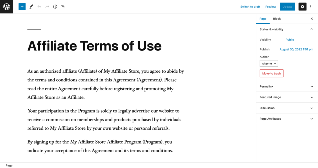 AffiliateWP Terms of Use page