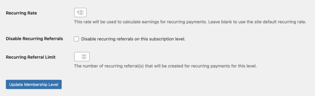 Recurring Referrals settings available on the membership level edit screen.