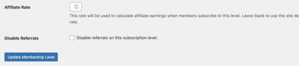 AffiliateWP settings available on the membership level edit screen.