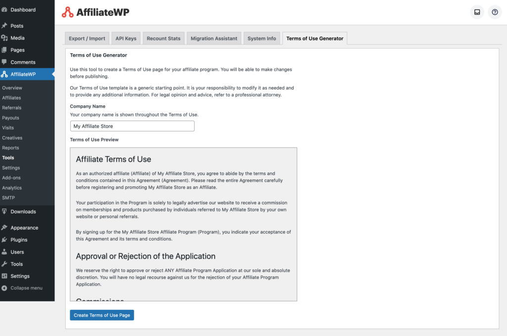 AffiliateWP Terms of Use Generator