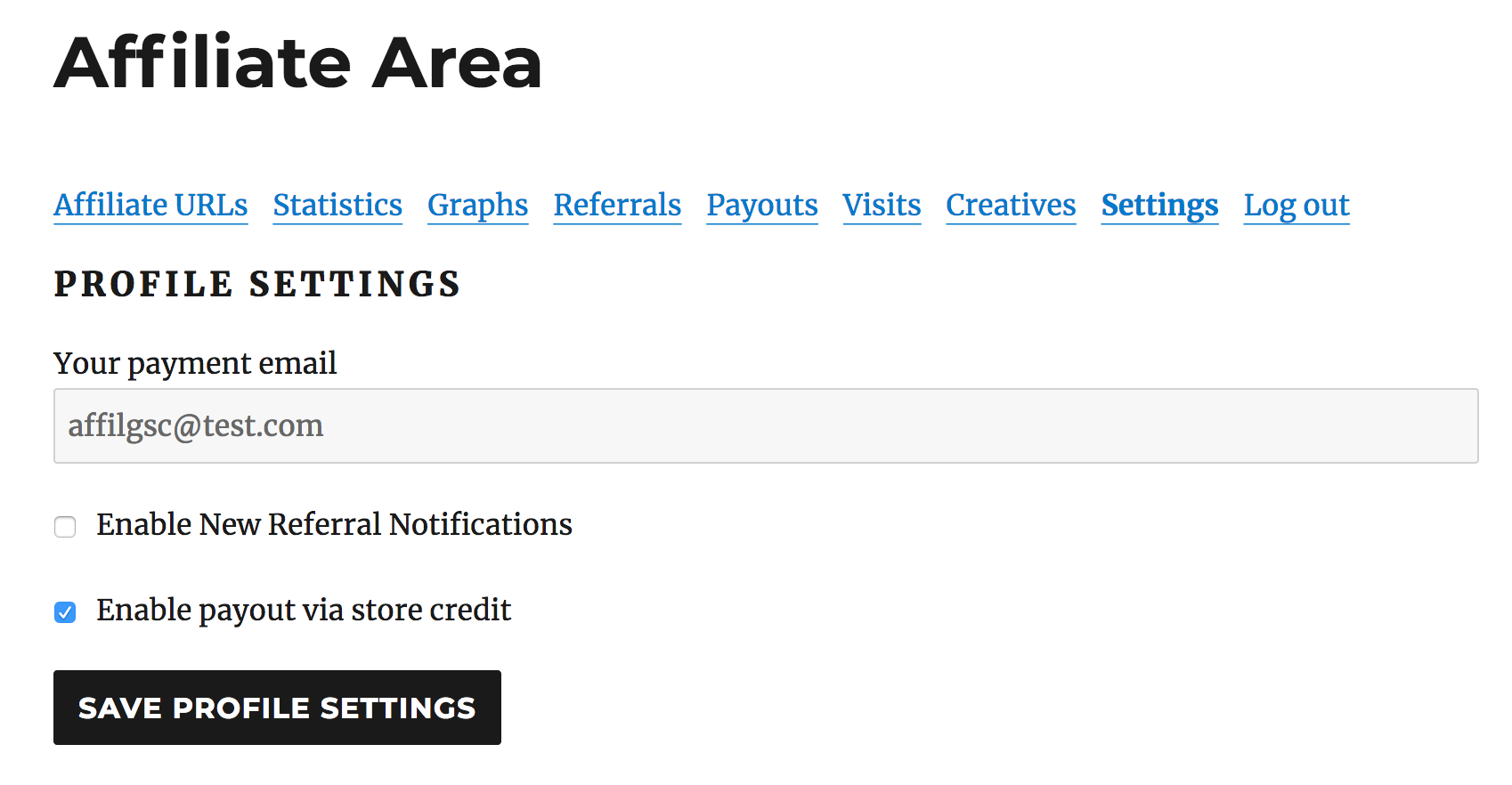 Affiliate Area Settings enable store credit payouts