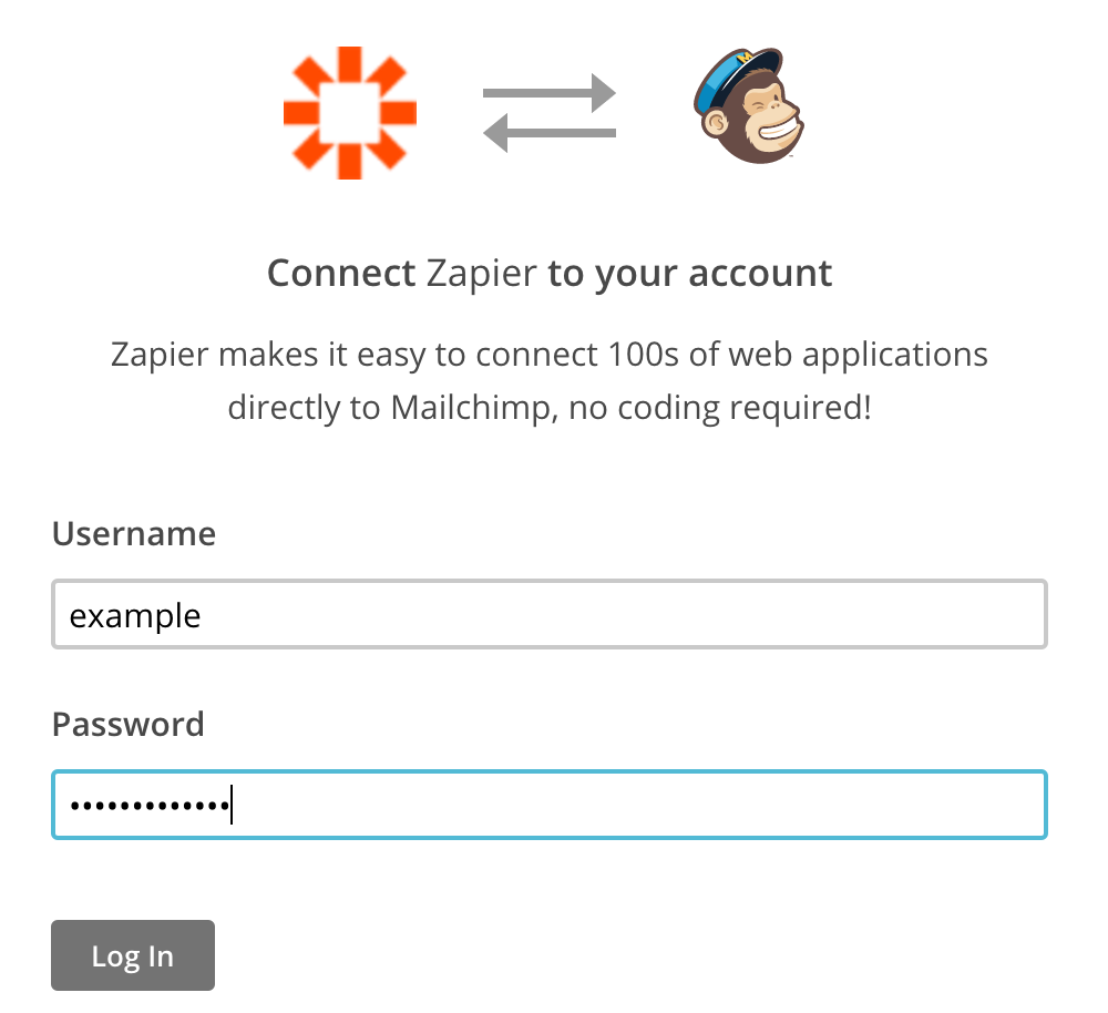 Connecting your Mailchimp account to your Zapier account, step 2.