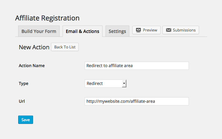AffiliateWP Ninja Forms emails and actions tab