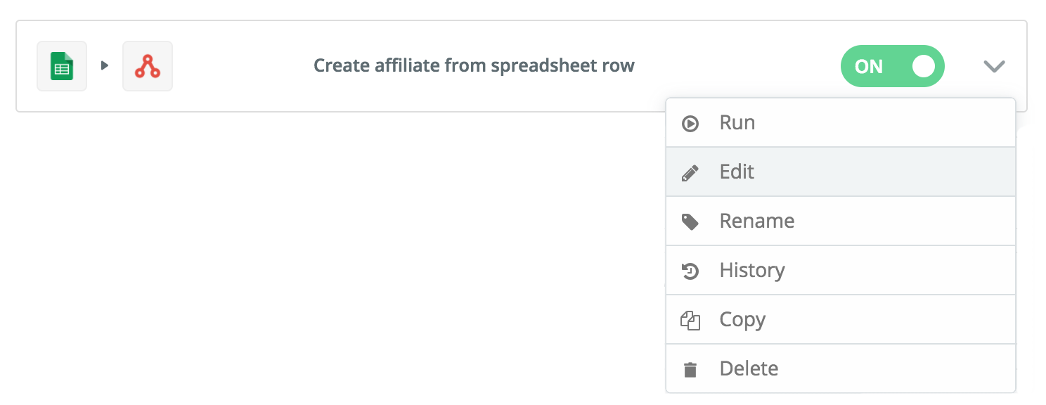 Context menu for a zap in the Zapier dashboard.
