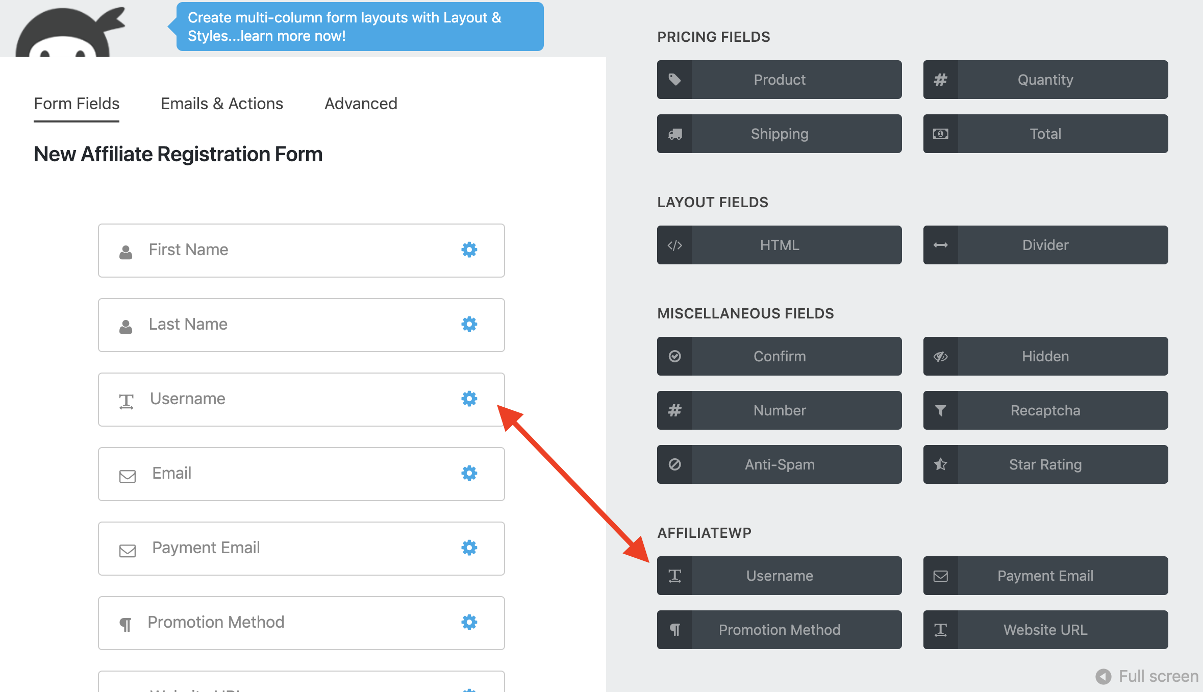 Use the Username field from the AffiliateWP section