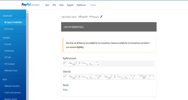 PayPal Live API credentials