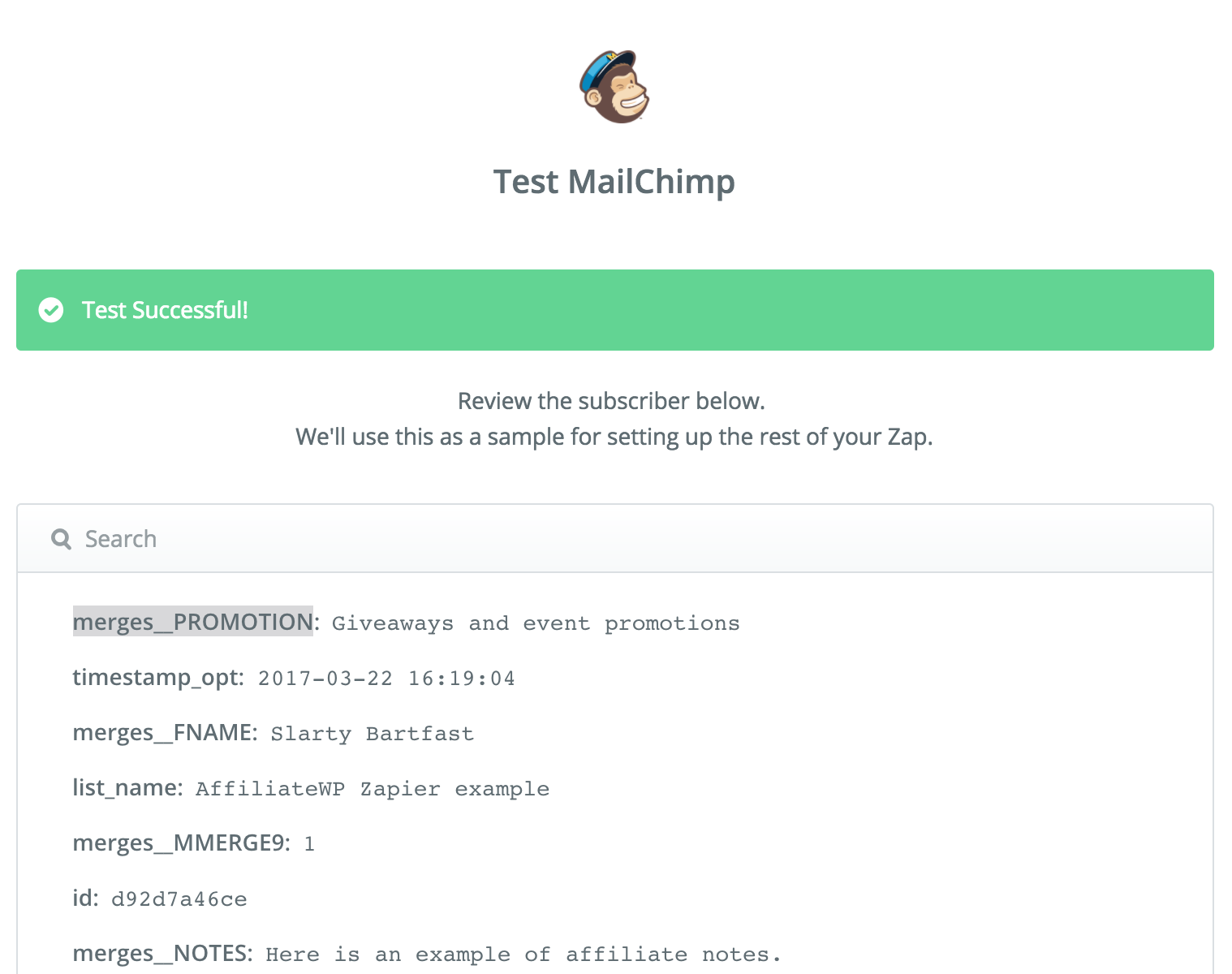 Testing a Mailchimp trigger in Zapier.