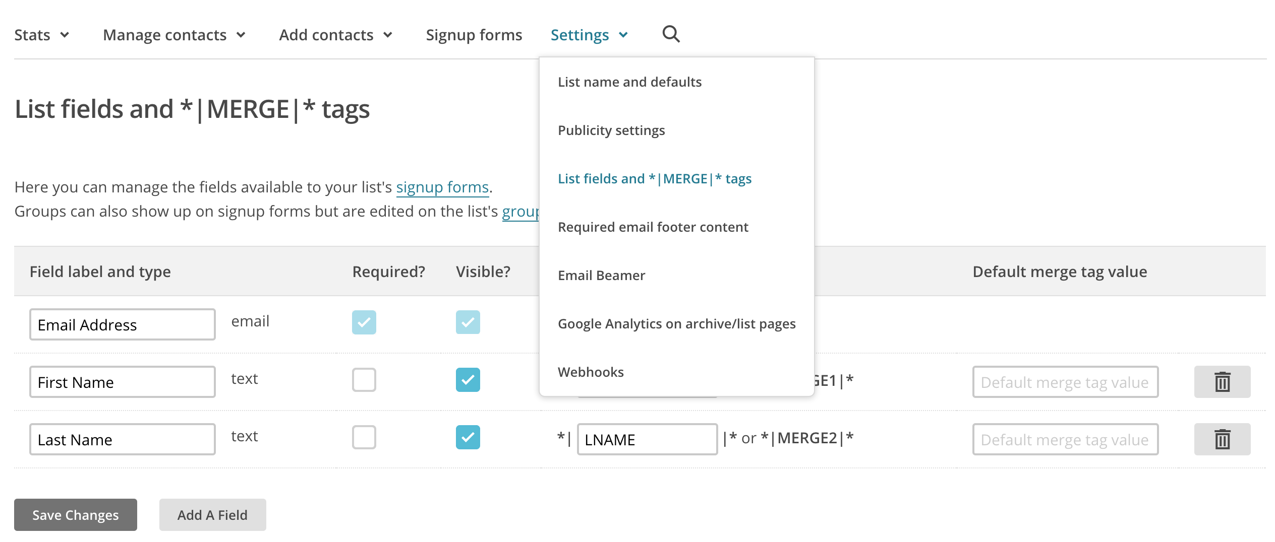 Creating custom fields in Mailchimp. Context: AffiliateWP Zapier trigger and action creation.