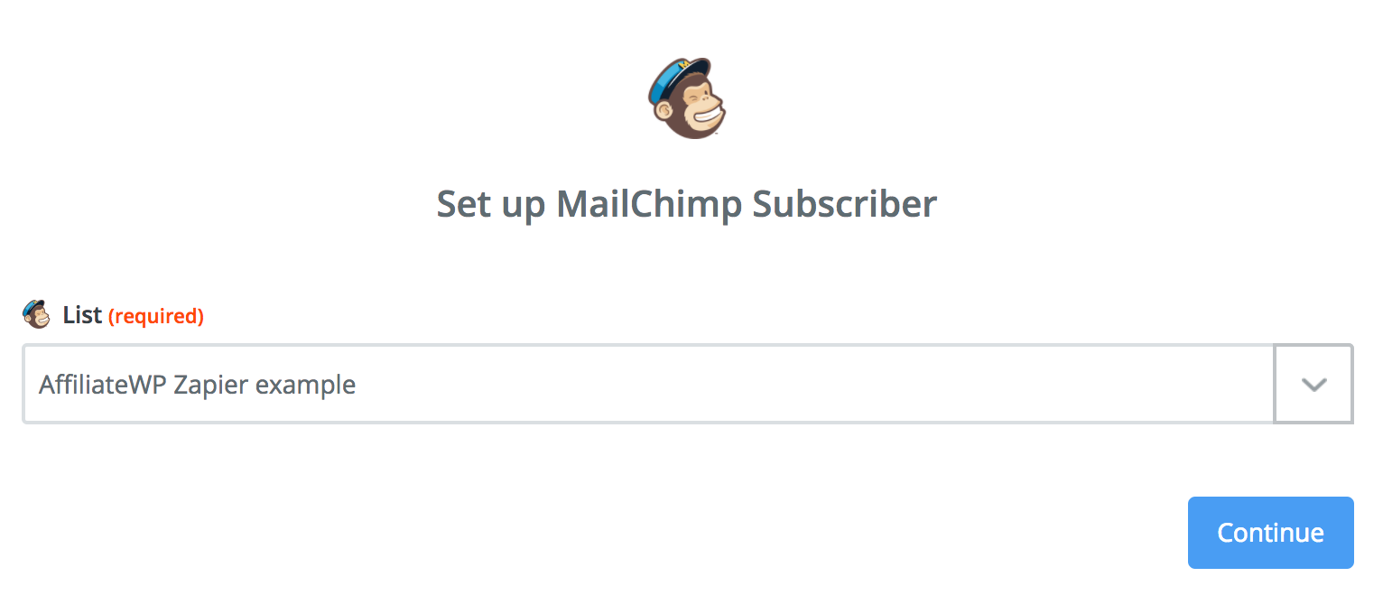 Selecting a Mailchimp list within Zapier.