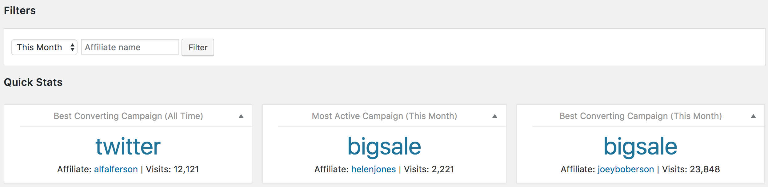 Viewing campaign data in the reports section of AffiliateWP.