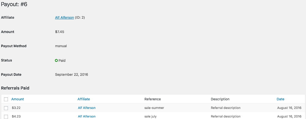 AffiliateWP payout detail screen
