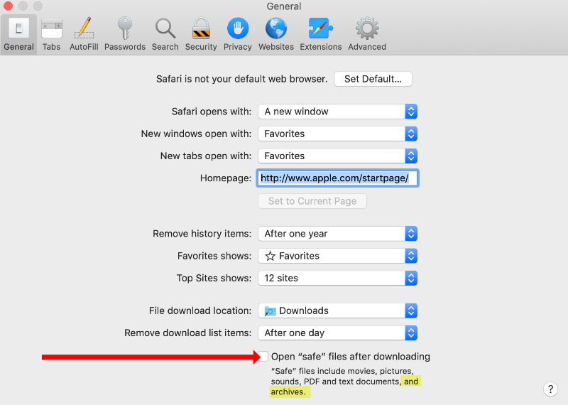 Safari ZIP file settings