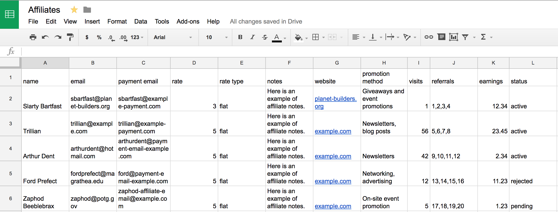 A screenshot of example spreadsheet containing affiliate data to be consumed by a Zapier action, then sent to AffiliateWP.