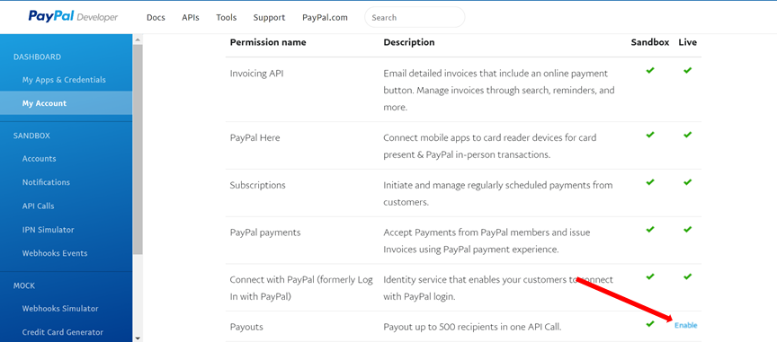 PayPal enable payouts
