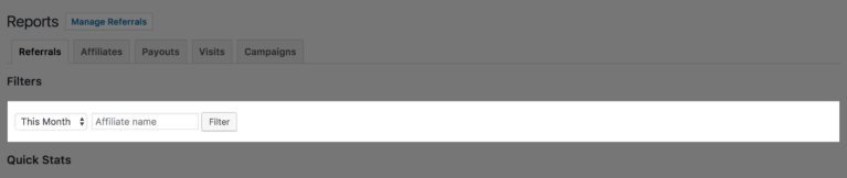 Filtering by affiliate name in the Reports section of AffiliateWP.