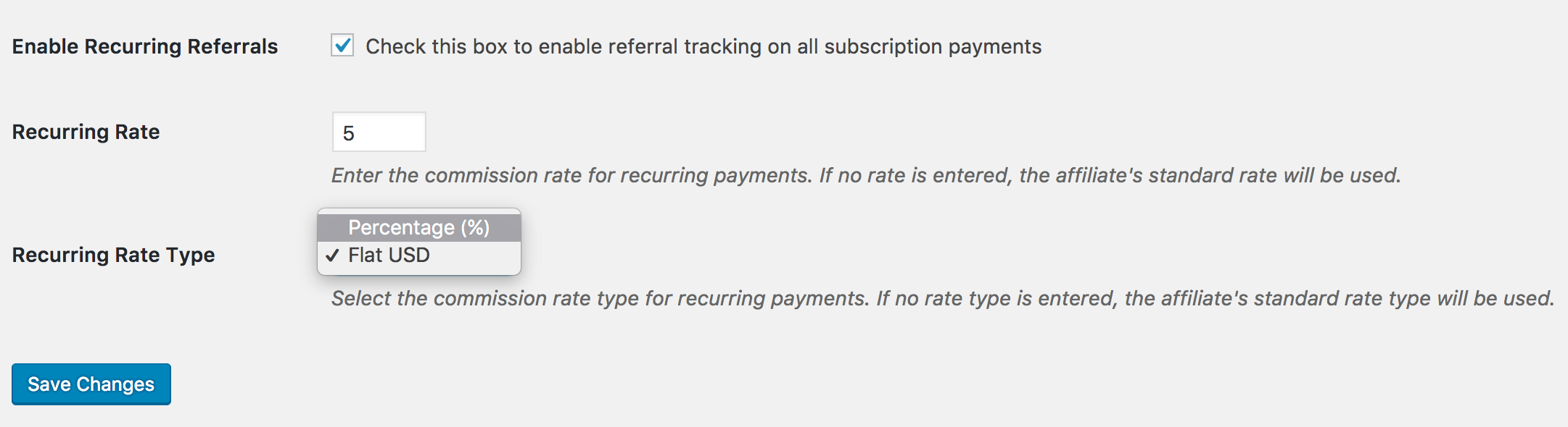 Setting the recurring rate type in the Recurring Referrals add-on.