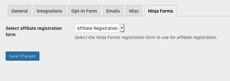 Affiliates settings Ninja Forms