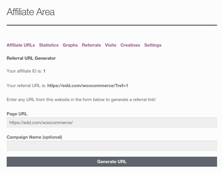 Affiliate Area - Affiliate URLs tab showing the generate URL feature while explaining campaigns