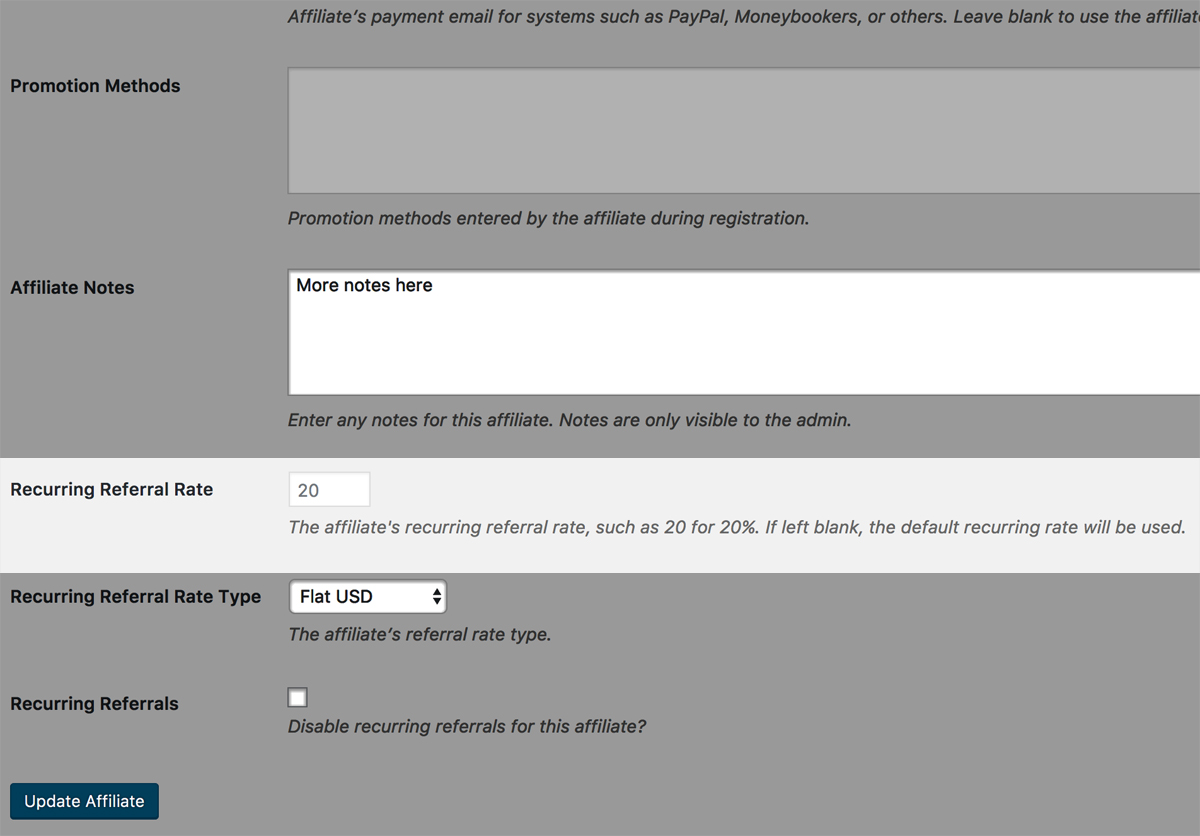  Setting the recurring rate per-affiliate, on the Edit Affiliate screen.