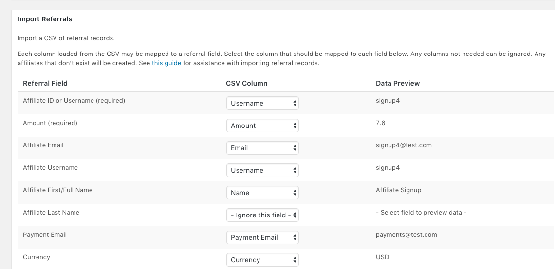 Import Referrals field mapping screenshot