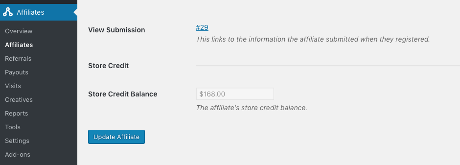 Affiliate Store Credit balance