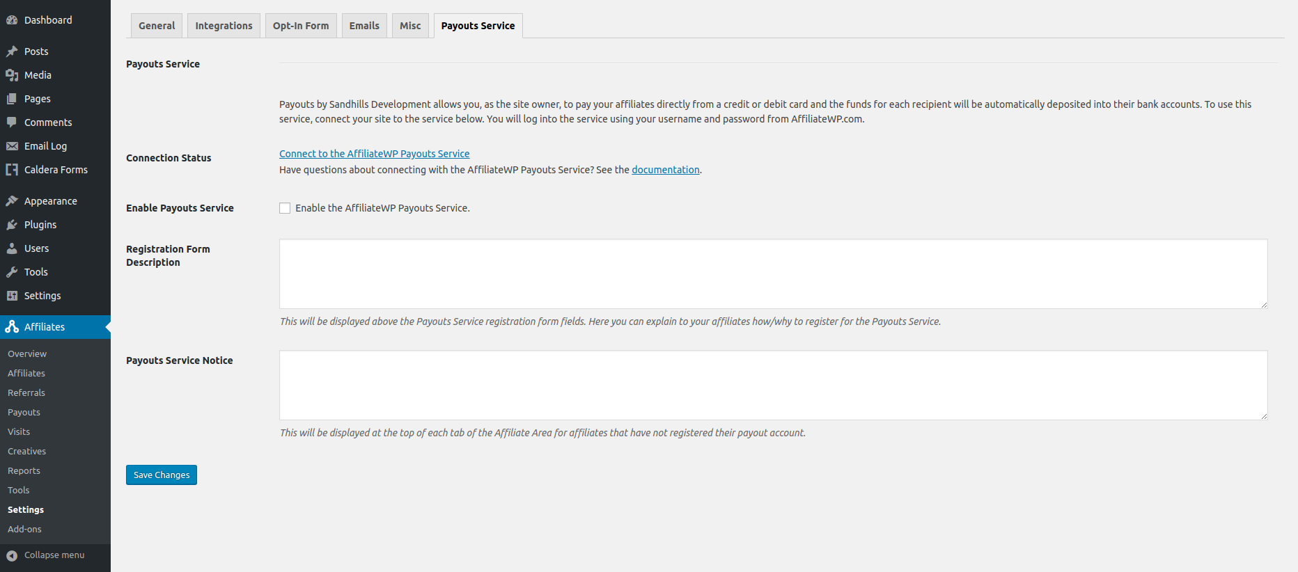 AffiliateWP Payouts Service Settings