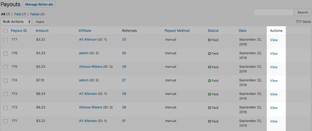 AffiliateWP Payouts screen view column