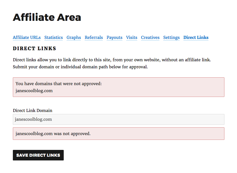 Affiliate Area rejected direct links