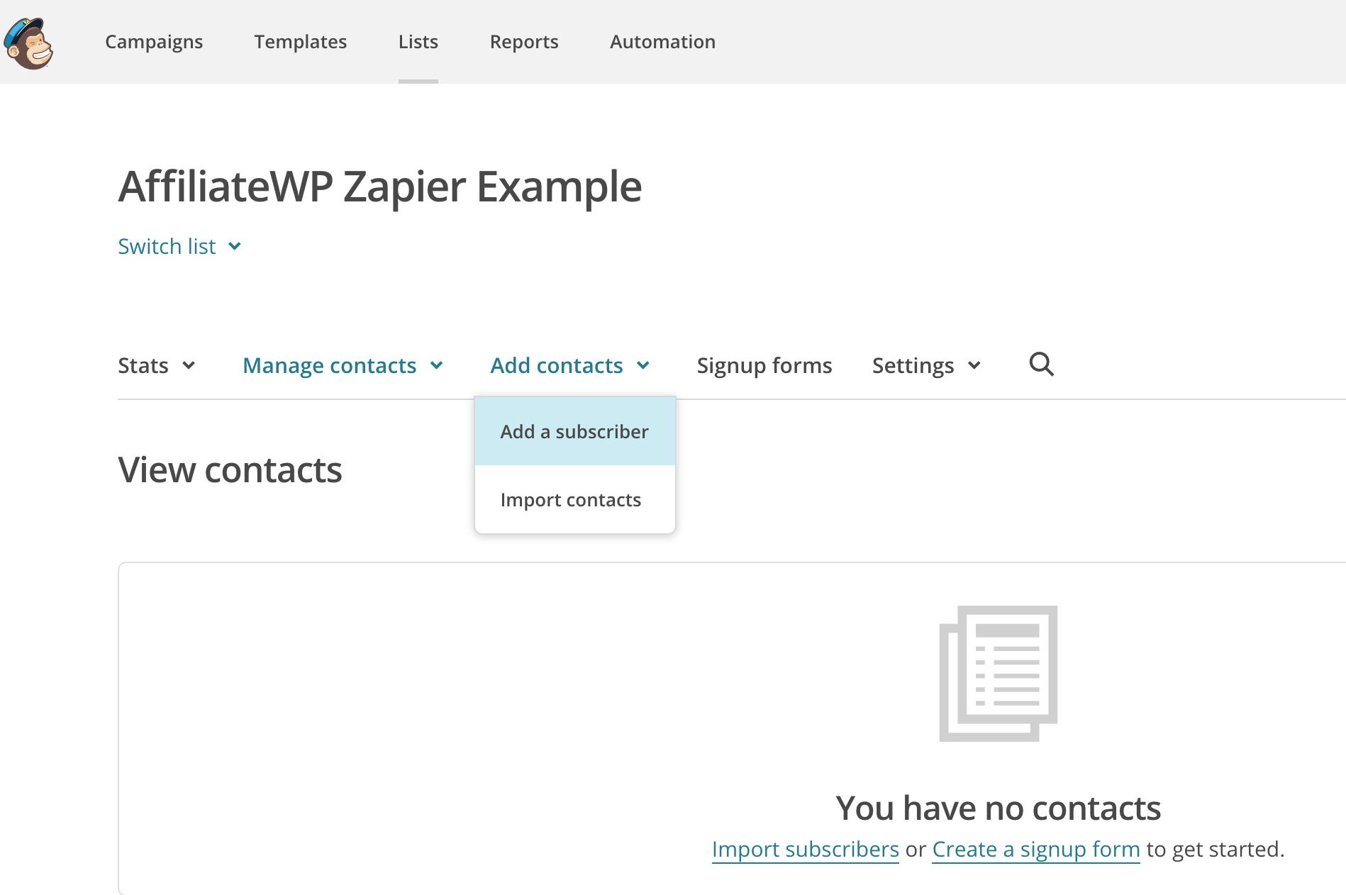 Importing a single subscriber in Mailchimp while creating a zap for use with AffiliateWP Zapier.