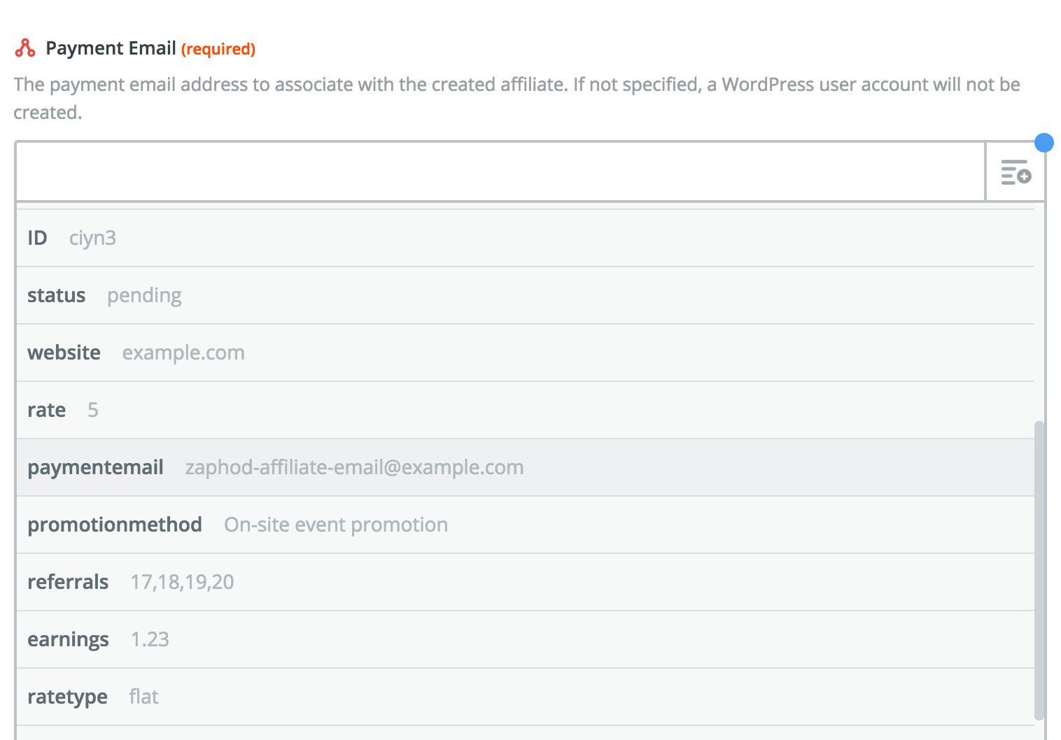 The affiliate payment email is required when creating affiliates via Zapier.