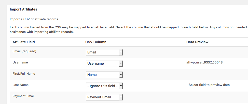 import affiliates field mapping example screenshot