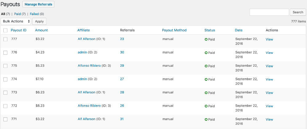AffiliateWP Payouts screen
