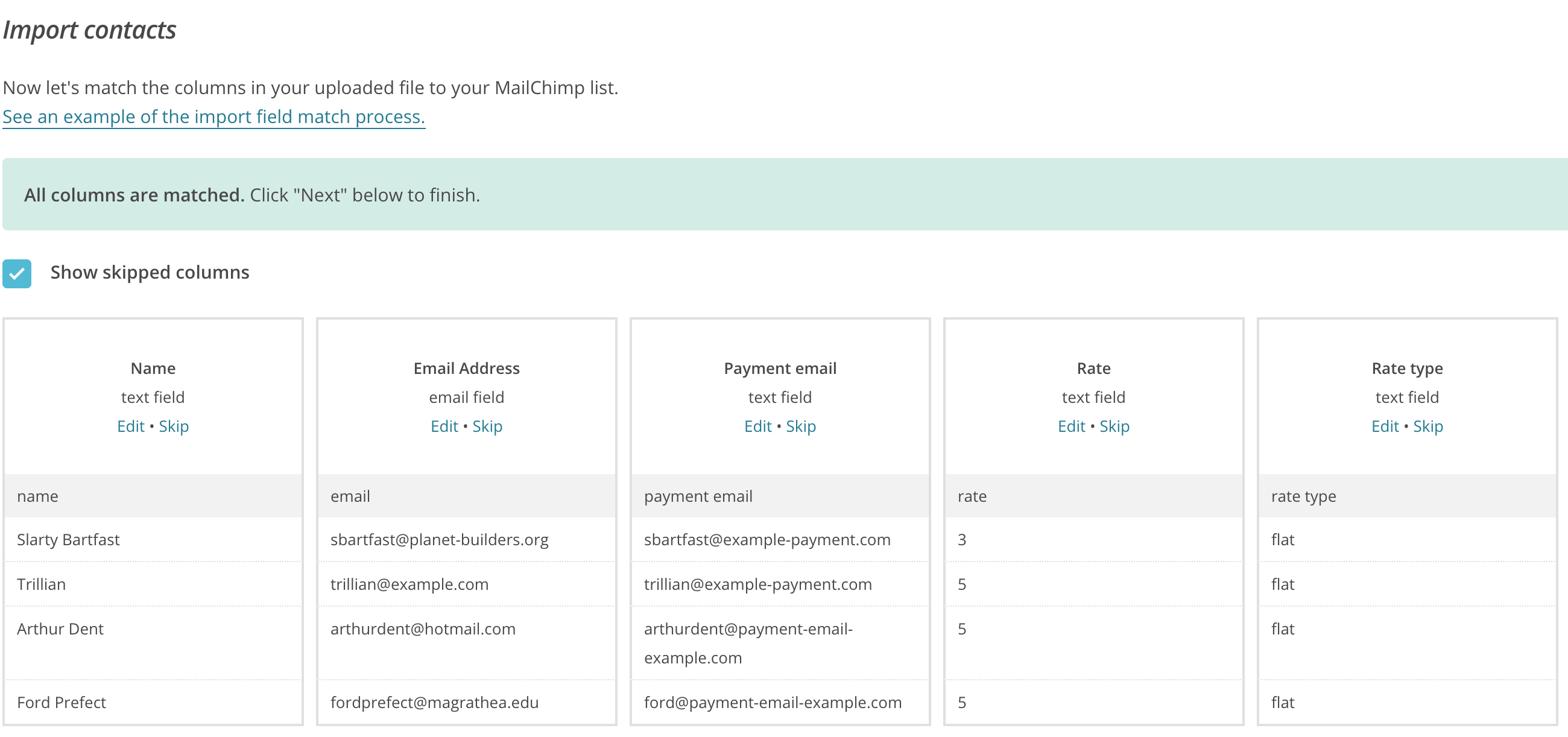 Column data matched in Mailchimp.